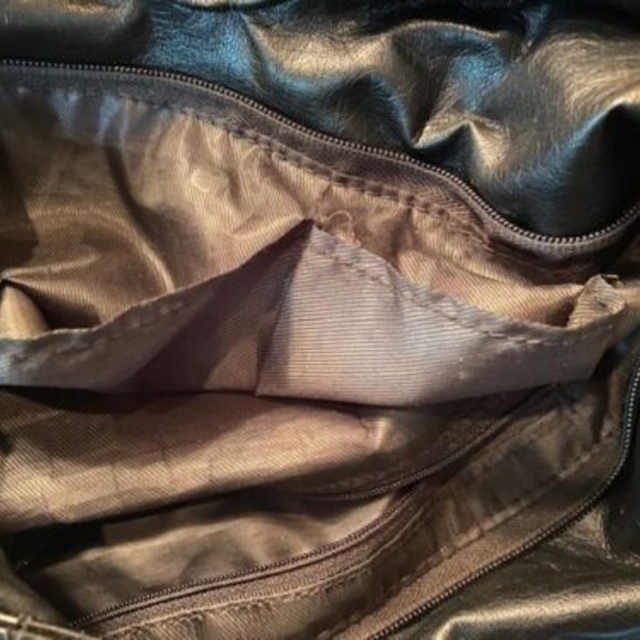 Large BLACK faux LEATHER satchel PURSE ~ Gorgeous EMBROIDERED PUMPKINS ~ Pockets - Picture 8 of 11